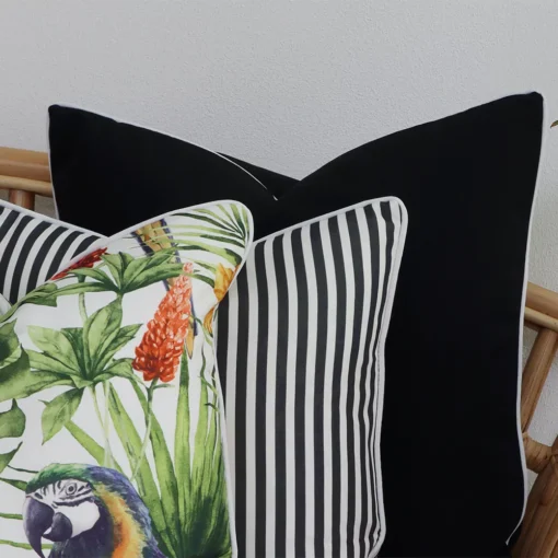 A detailed shot of this set of 3 tropical black outdoor couch cushions.