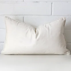 White velvet cushion cover features prominently against a white wall. It is a rectangle design.