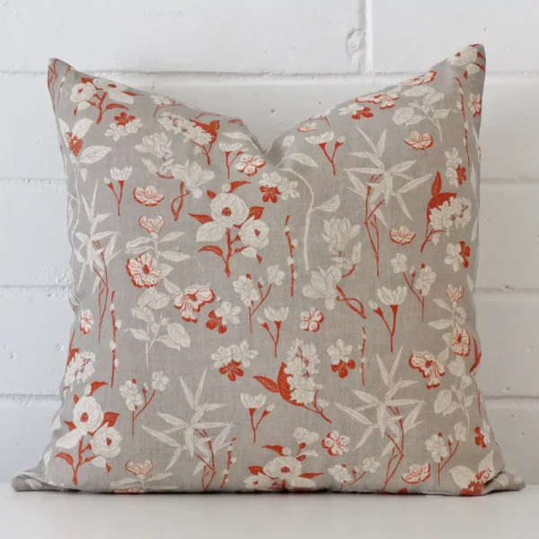 Vibrant floral linen cushion cover in a stylish square size with grey colouring.