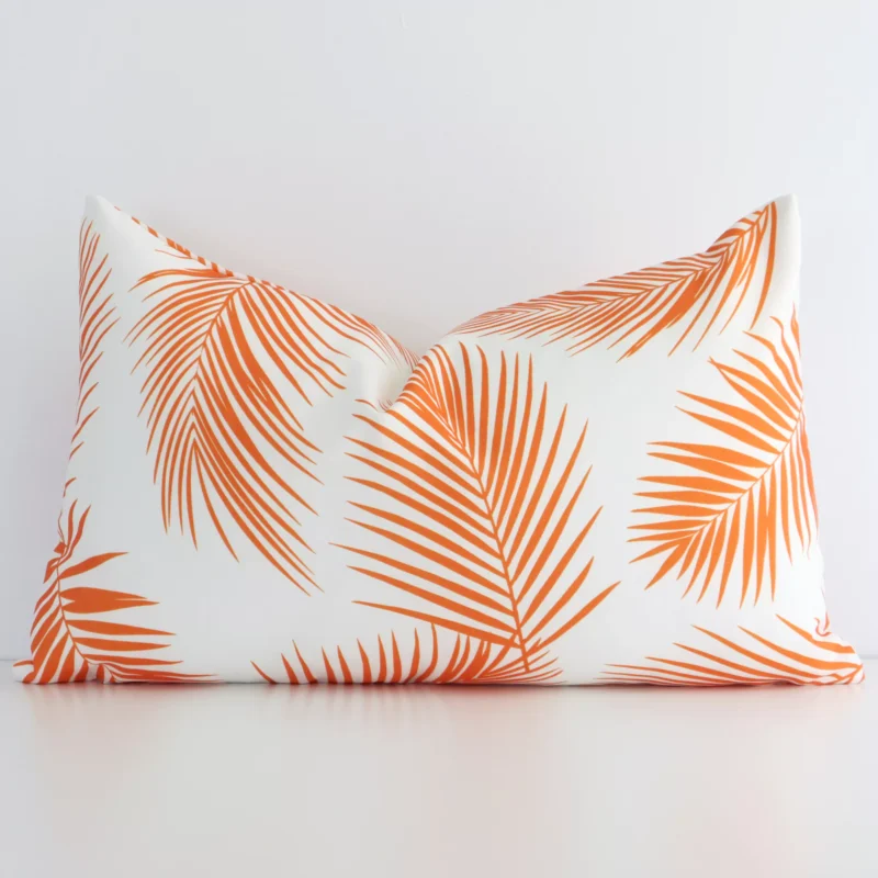byron-palm-waterproof-rectangular-orange-outdoor-cushion-cover-‚äì-rectangle---sc716-30 Vibrant orange palm-styled cushion cover constructed from outdoor fabric and shown in a rectangle shape.