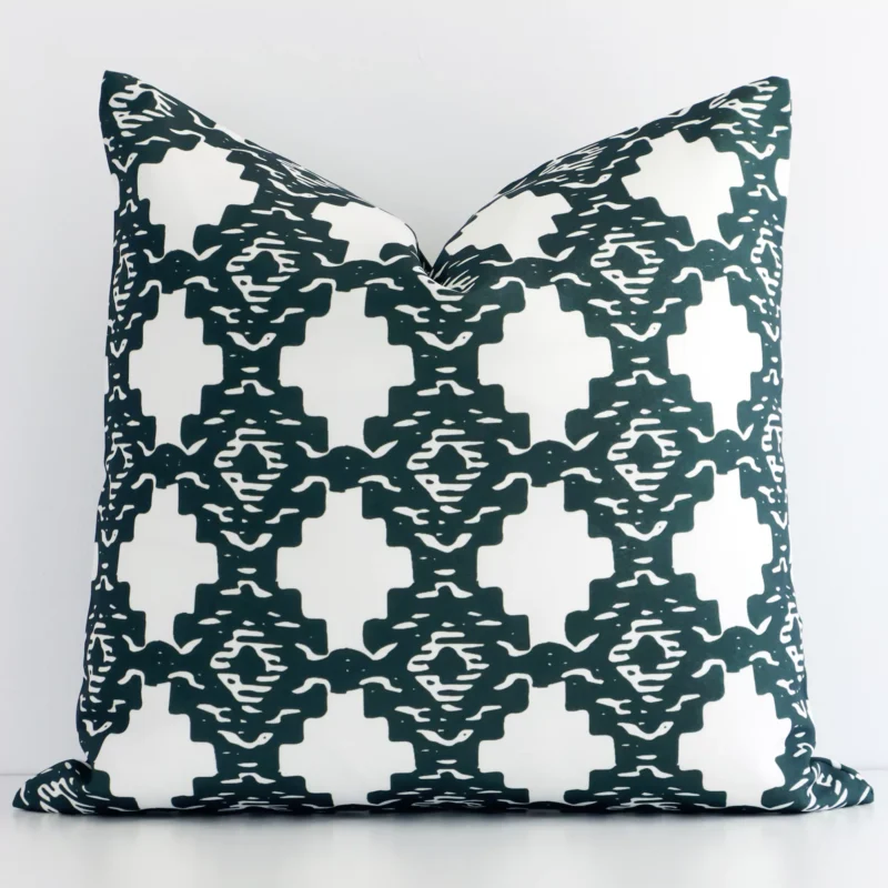 expression-tropical-waterproof-outdoor-cushion-cover---sc559-45 An attractive patterned linen cushion in front of a white wall. It has a square shape and is green in colour.