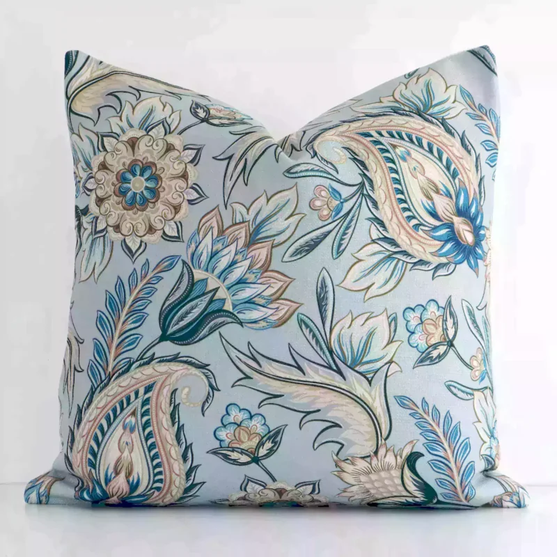 bloom-paisley-cushion-cover---45cm-x-45cm---sc646-45 A pretty patterned linen cushion cover is shown against a white wall. It features a square shape and a colourful finish.