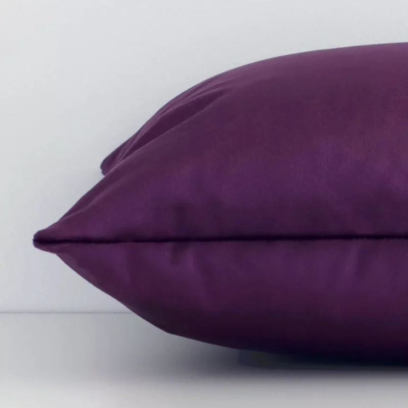 The edge of this velvet rectangle cushion in velvet is shown. The shot shows the front and rear panels.