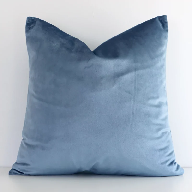 stone-blue-velvet-linen-cushion-cover---sc505-45 Charming stone blue solid-coloured cushion cover constructed from velvet fabric and shown in a square size.