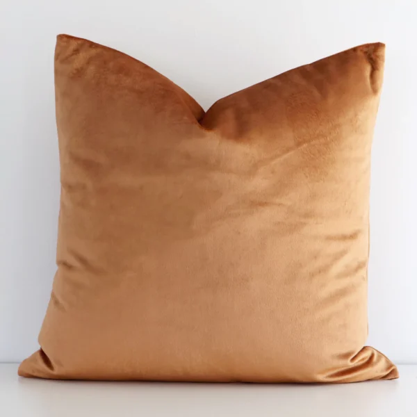 A bold solid-coloured velvet cushion in a sleek square size with a terracotta tone of colour.