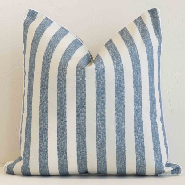 A premium outdoor blue cushion boasting a striped design and in a square size.
