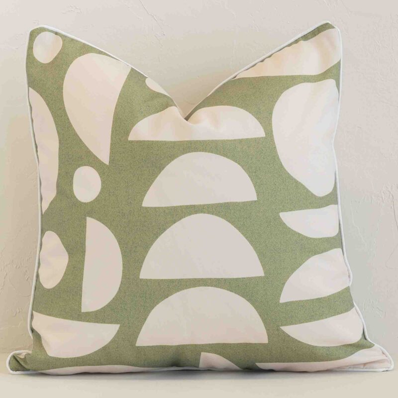 Pacific Geometric Waterproof Sage Outdoor Cushion Cover - SC1067-45 Front view of geometric square cushion. Crafted from a special outdoor material in a sage colour.