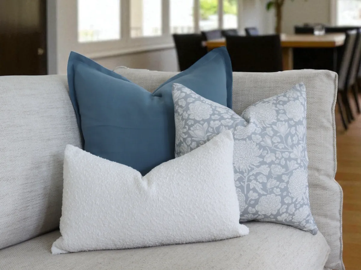 Eva cushions shown in a living room. They demonstrate the solid + solid texture + pattern formula in action.