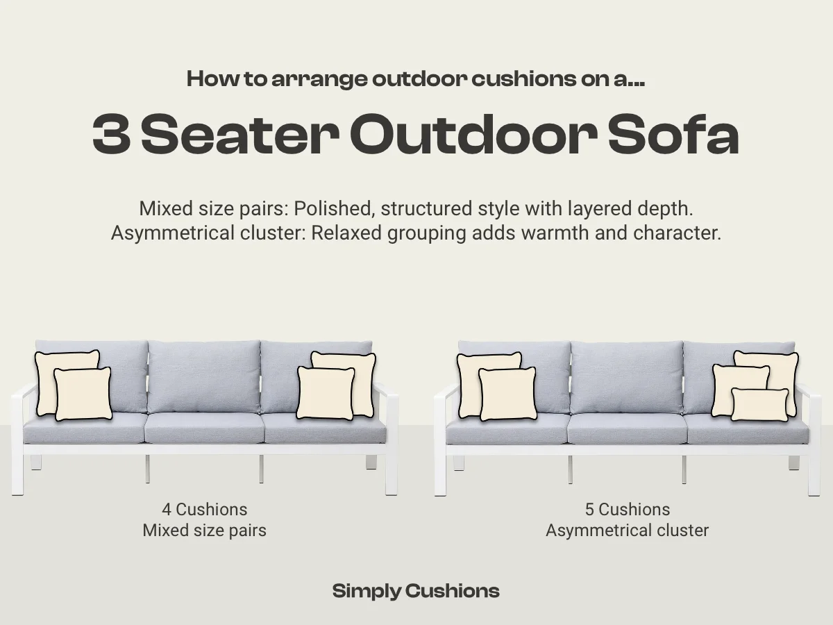 Image showing two options for how to arrange outdoor cushions on a 3 seater outdoor sofa. 4 outdoor cushions as a mixed size pair or 5 outdoor cushions as an asymmetrical cluster.