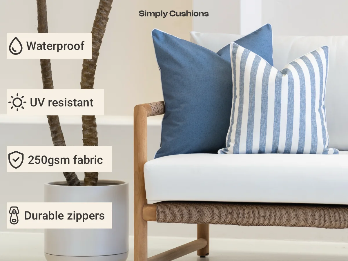 Outdoor cushion fabric features shown on image of cushions including; waterproof, uv resistant, 250gsm fabric, and durable zippers.