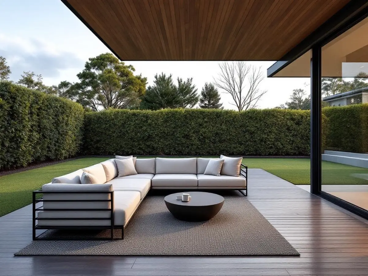 An outdoor entertaining area with a dark brown deck.