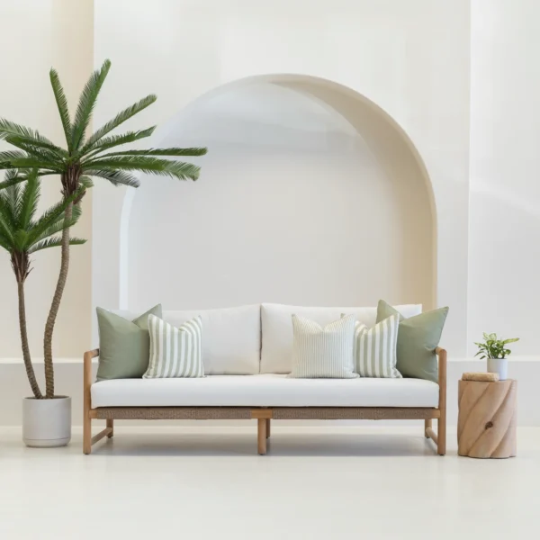 Pacific sage coloured outdoor sofa cushions in a set of 5 are styled on a white sofa.