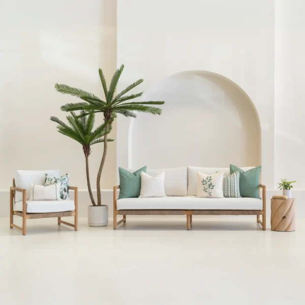 A set of 7 sagewood coloured outdoor sofa cushions siting on a white sofa.