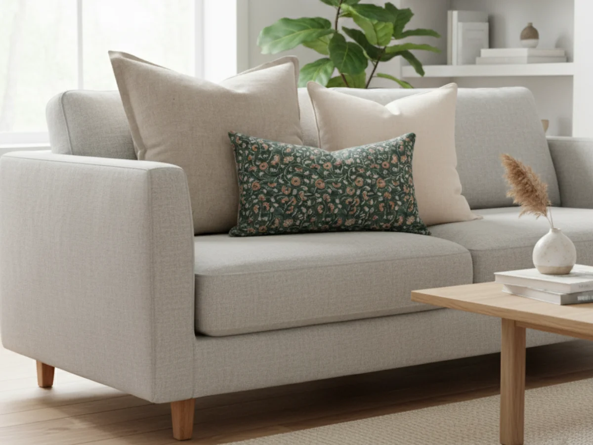 An airy living room with a couch styled with two neutral cushions and a focal print design in front.