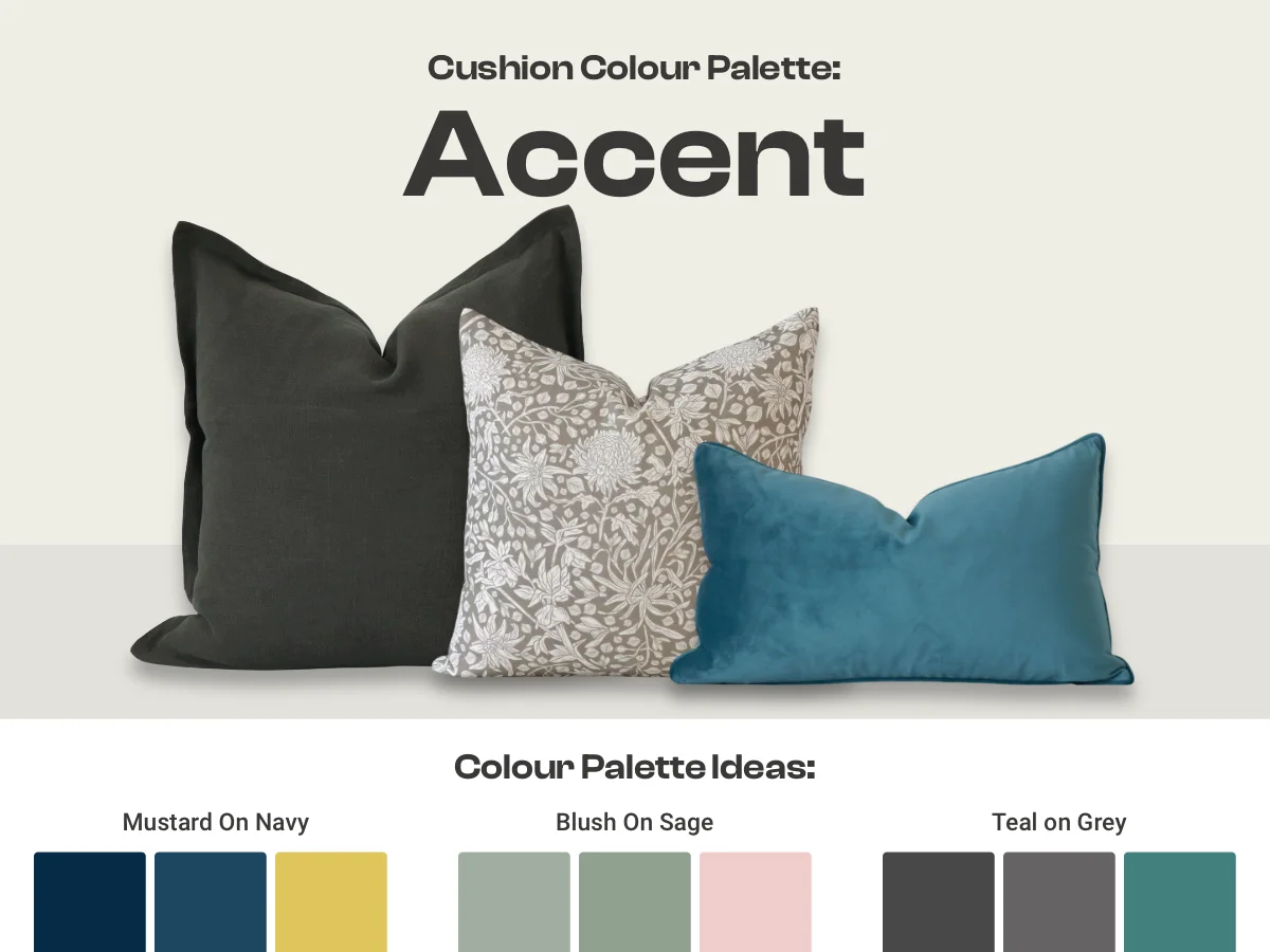 Graphic showing an example of indoor cushions in an accent colour palette along with other colour swatch ideas for this palette.