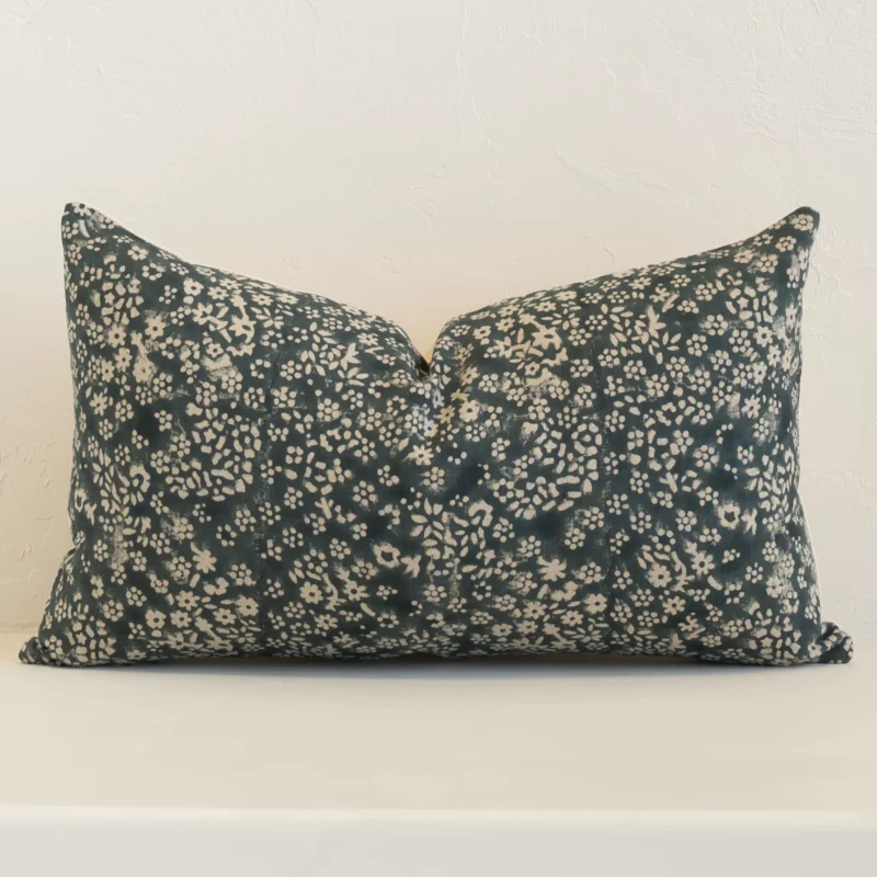 sable-floral-designer-cushion-cover---rectangle---art129-30 Front view of floral rectangle cushion. Crafted from a special linen material in a dark moss green and natural colour.