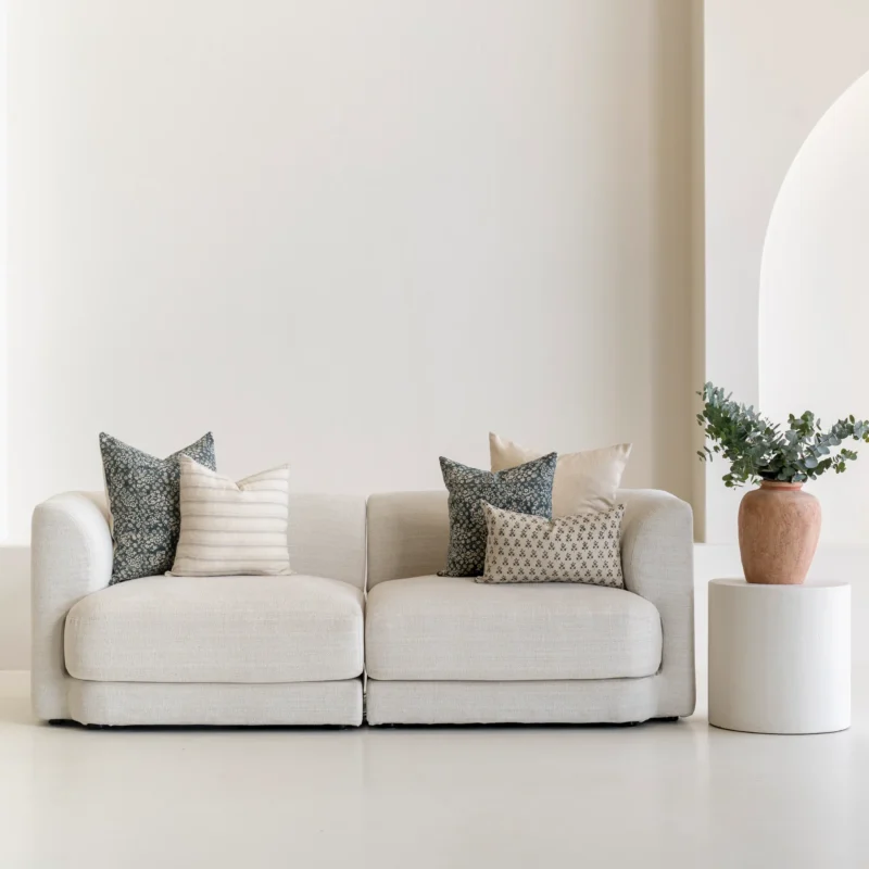 Living room scene with 5 designer sofa cushions arranged on a sofa.