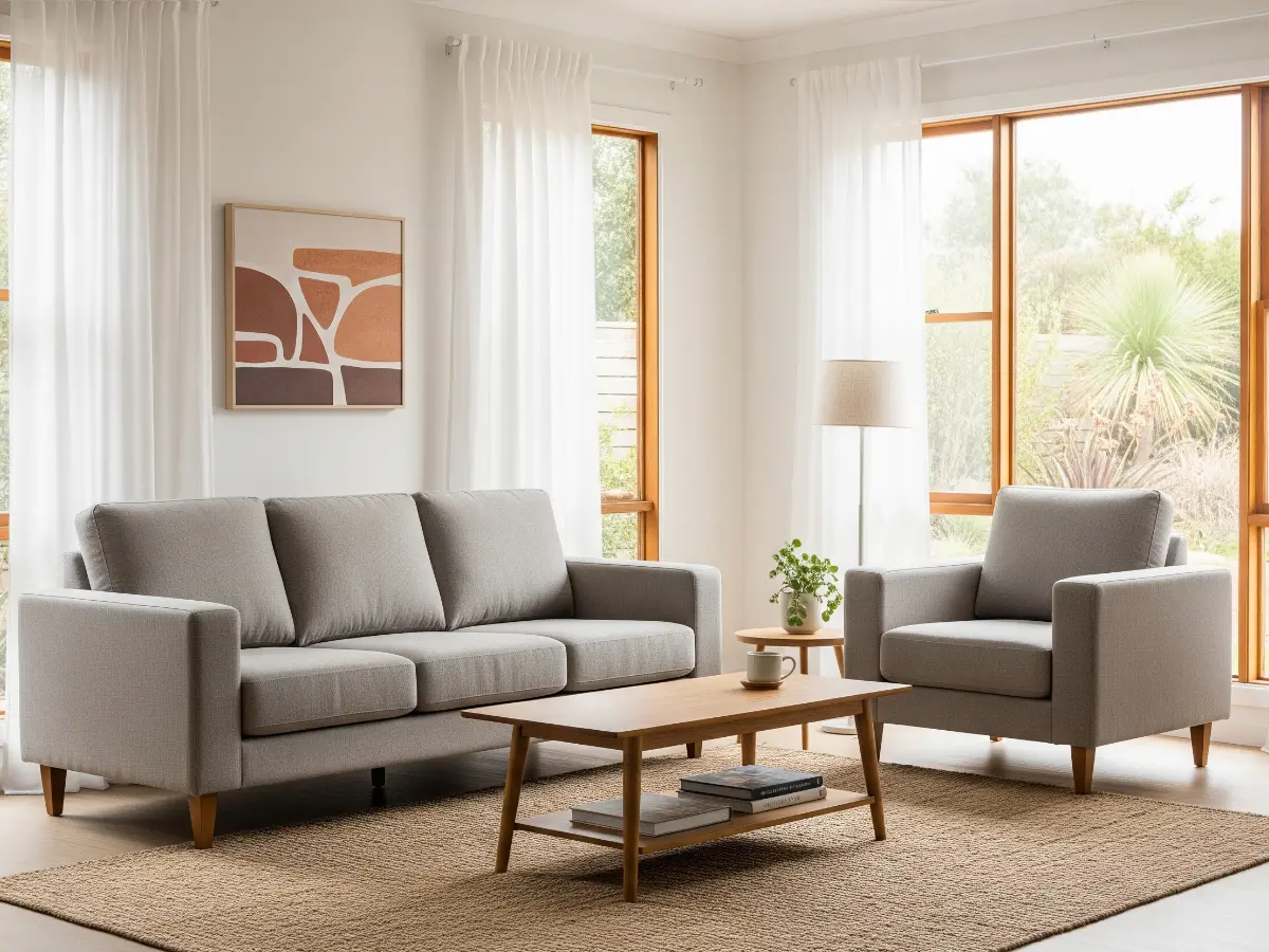 A typical Australian living room is shown with a grey sofa and armchair laid out on a carpeted square with wall art in the background.