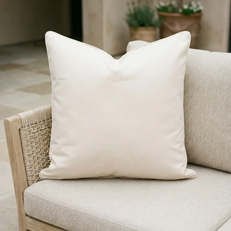 Cream waterproof cushion with white piping on woven outdoor armchair.