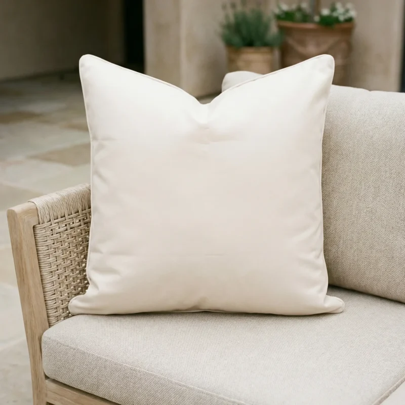 Cream waterproof cushion with white piping on woven outdoor armchair.