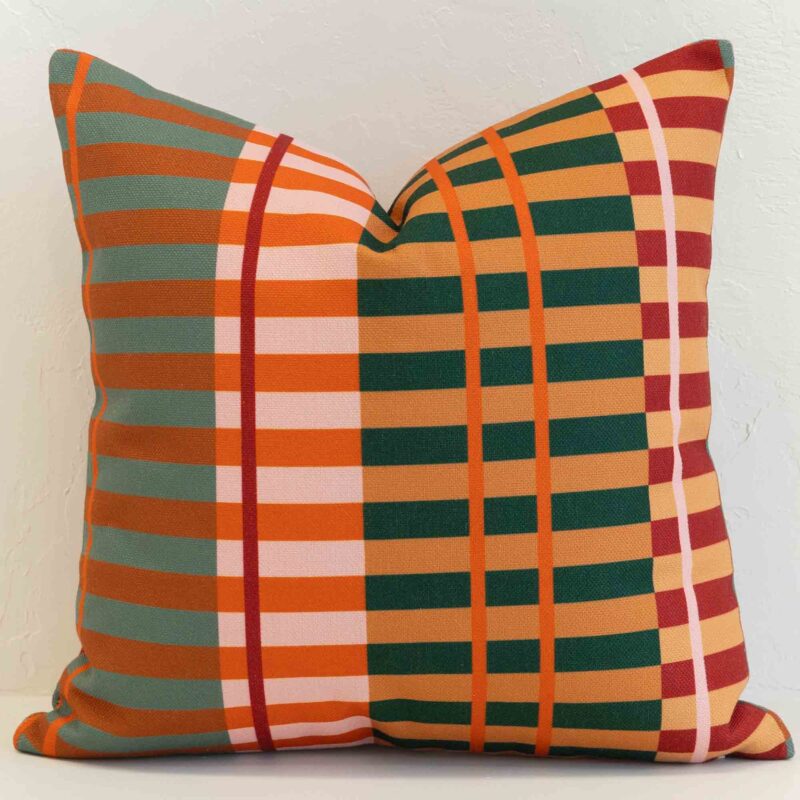 marenca-bold-plaid-cushion-cover---sc1109-45 Bold plaid cushion cover with warm orange, green and red tones in a striking, modern pattern.