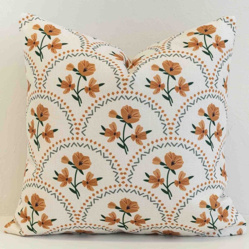 marenca-floral-scallop-cushion-cover---sc1105-45 Floral scallop cushion cover with warm ochre blooms set within a soft geometric lattice.