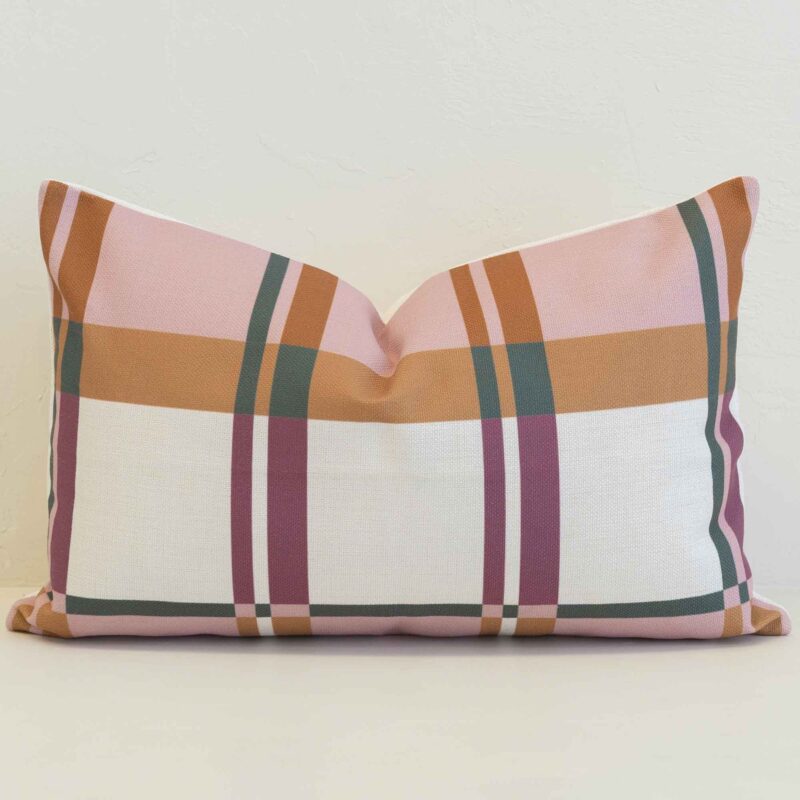 marenca-pink-plaid-cushion-cover---rectangle---sc1111-30 Pink plaid rectangular cushion cover with soft blush, warm tan and deep rose tones in a refined check pattern.