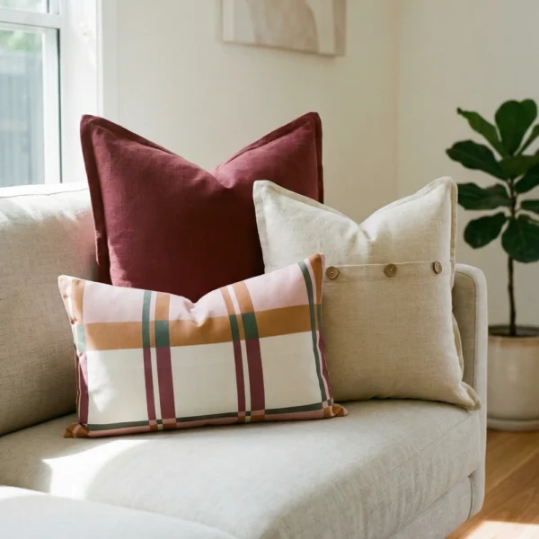 Marenca cushions on beige sofa with floral and plaid accent cushions.