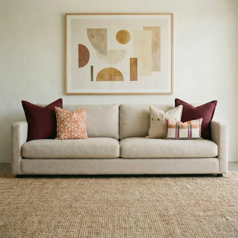 Marenca tan cushions on beige sofa with neutral tones and geometric wall art.