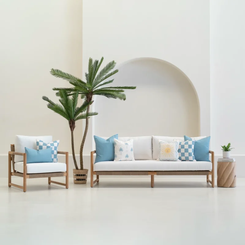 Tropica aqua cushions set with palm, sun and check patterns on sofa.