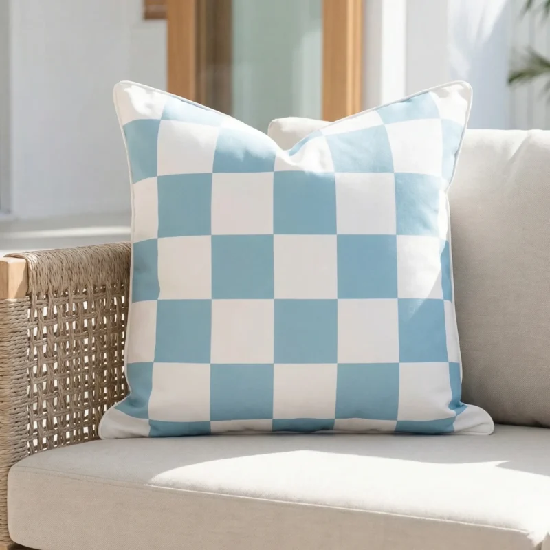 Tropica aqua check cushion with blue and white squares on outdoor sofa.