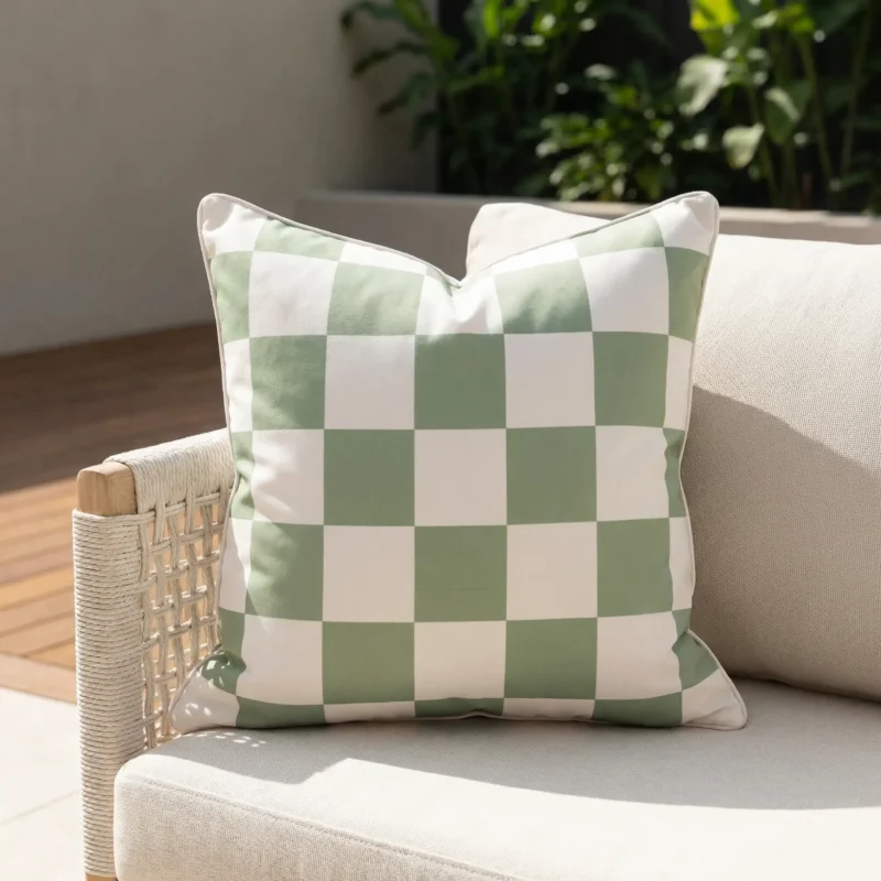 Tropica green check cushion with soft sage and white squares on sofa.