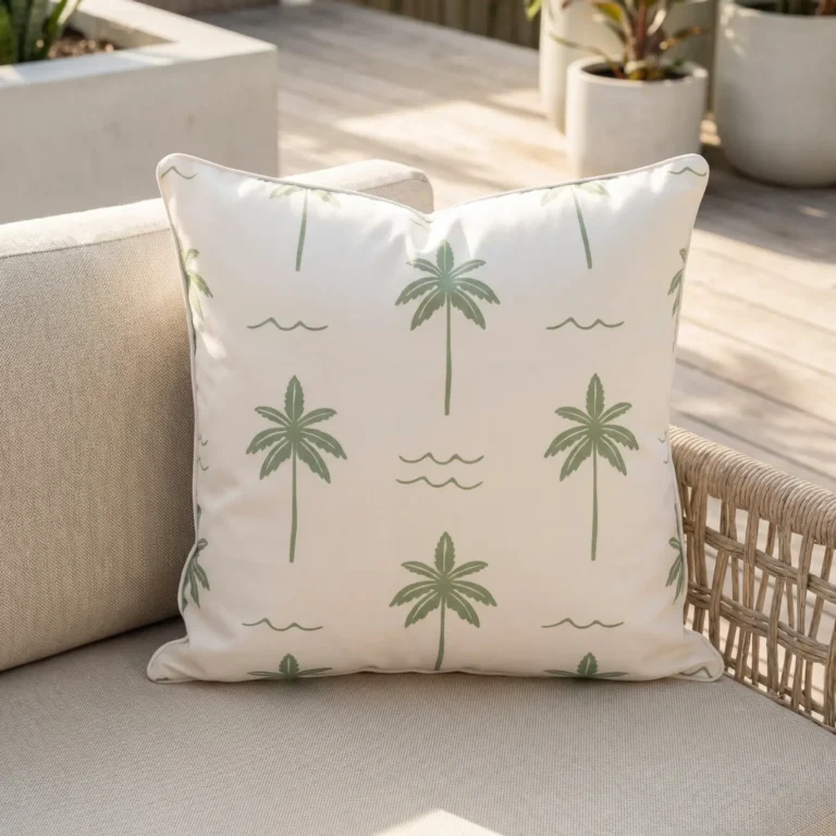 Tropica green cushion with palm tree pattern on outdoor lounge chair.
