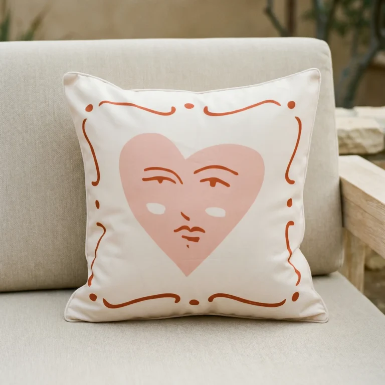Tropica cushion with pink heart face design on outdoor armchair.