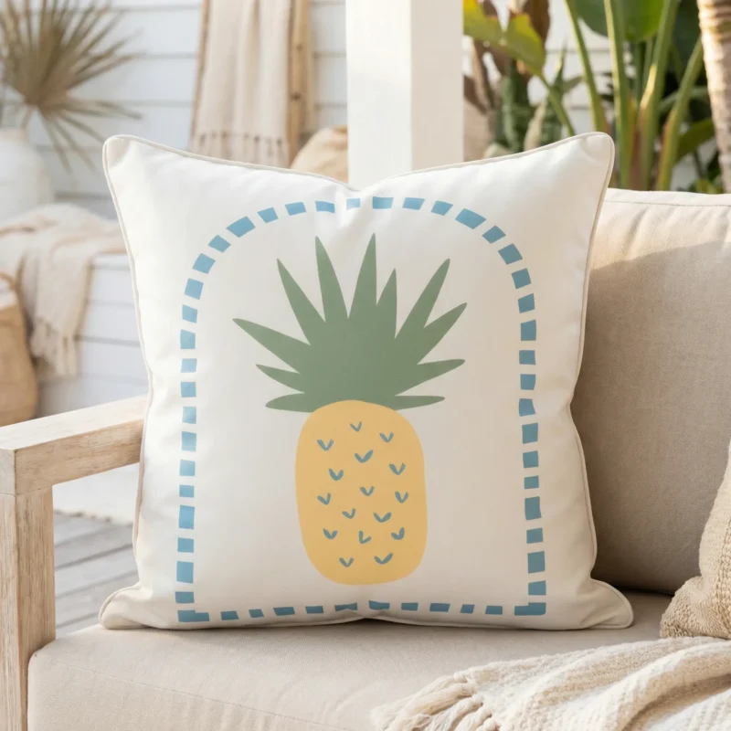 Tropica cushion with pineapple motif and dotted blue border on outdoor sofa.