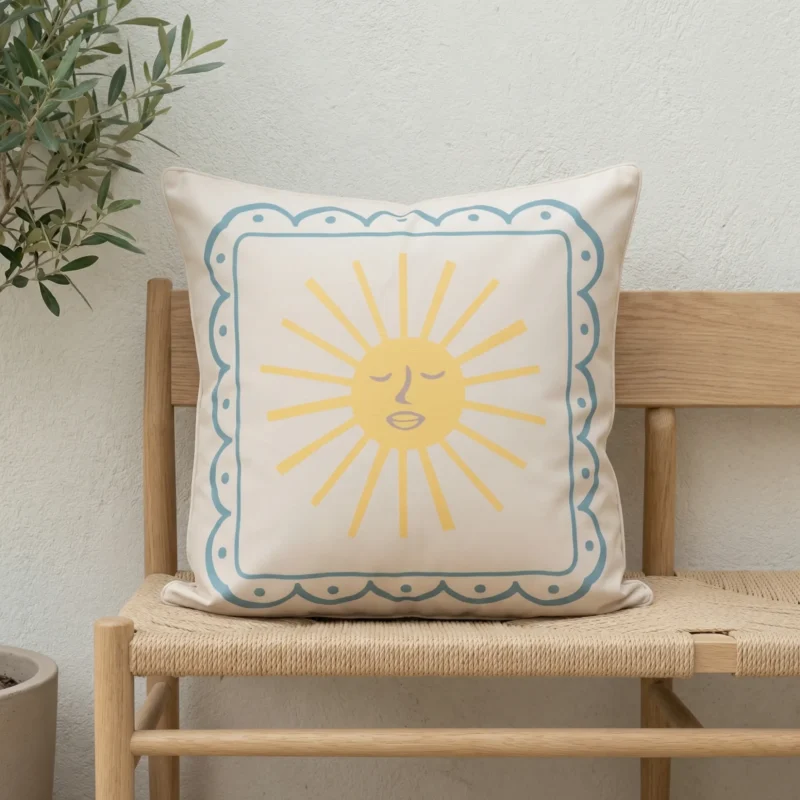 Tropica cushion with yellow sun motif and blue bordered frame on bench.
