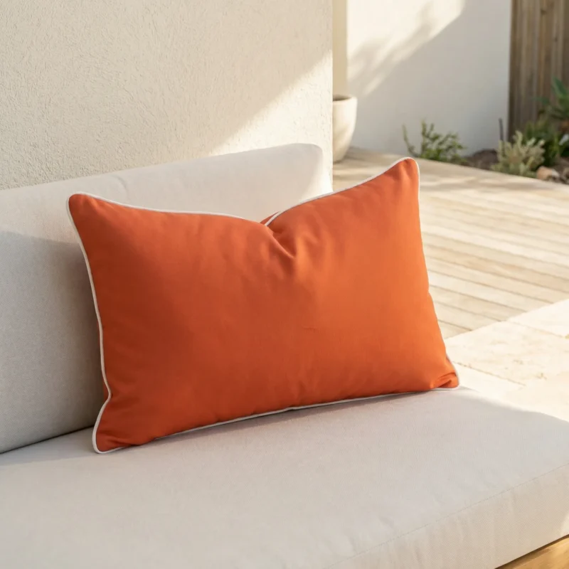Rectangular Tropica red cushion with white piping on outdoor lounge seat.