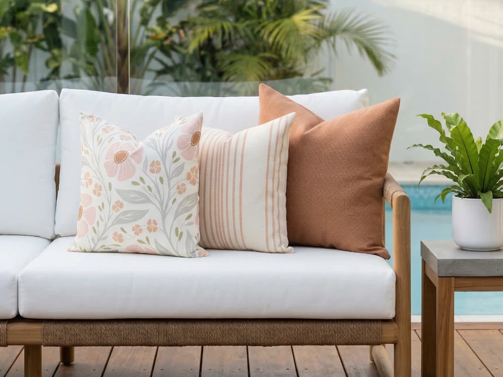 Floral and striped outdoor cushions in soft rust and cream on white sofa.
