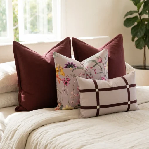 Four-piece cushion set with two burgundy linen blocks, a floral print, and a checked lumbar, on a bed.