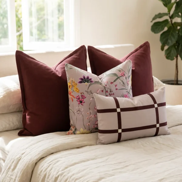 Four-piece cushion set with two burgundy linen blocks, a floral print, and a checked lumbar, on a bed.