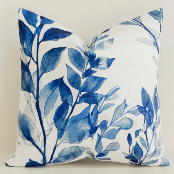 Blue watercolour leaf print cushion cover on white cotton-linen.