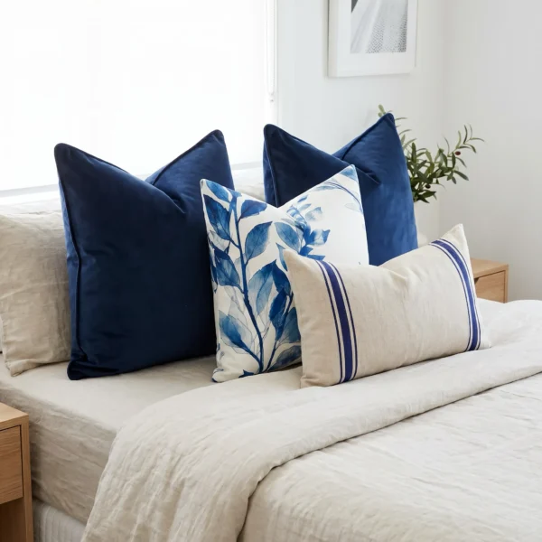 Four-piece cushion set with two navy velvet blocks, a botanical print, and a striped linen lumbar, on a bed.