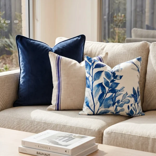 Three-piece cushion set with a navy velvet block, a striped linen cushion, and a botanical print, on a couch.