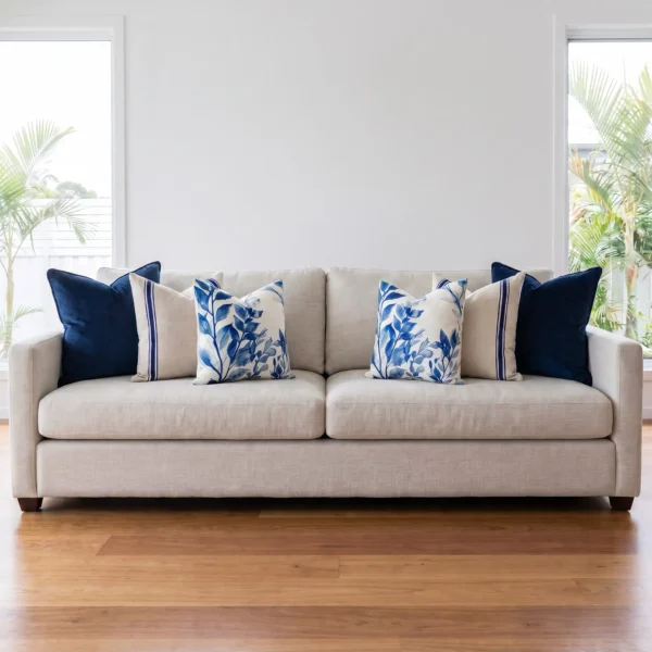 Six-piece cushion set with matching navy velvet, striped linen, and botanical print cushions, on a sofa.