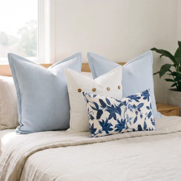 Four-piece cushion set with two sky blue linen blocks, a white button cushion, and a lily print lumbar, on a bed.