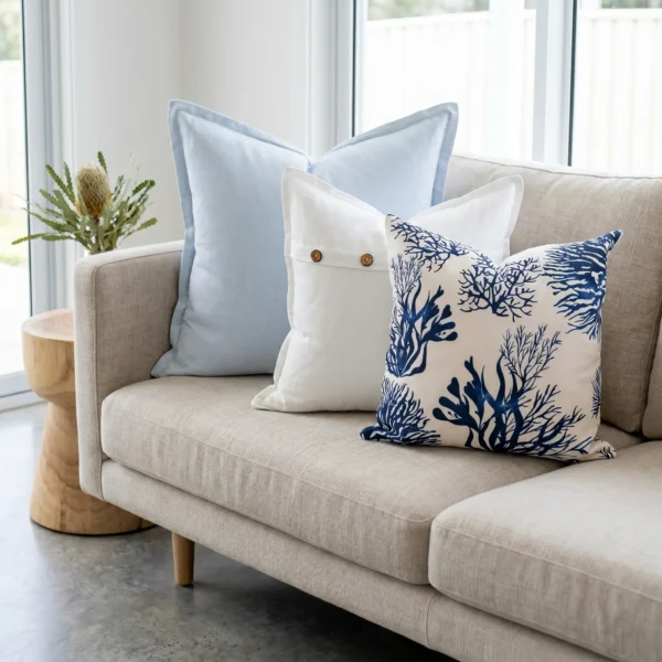 Three-piece cushion set with a sky blue linen block, a white button cushion, and a coral print, on a couch.