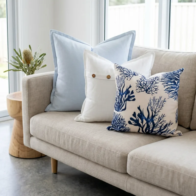 Three-piece cushion set with a sky blue linen block, a white button cushion, and a coral print, on a couch.