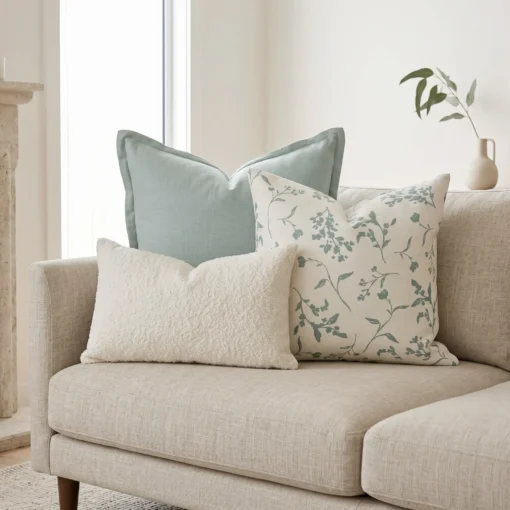 Three-piece cushion set with a sage block, a botanical print, and a white boucle lumbar, on a couch.