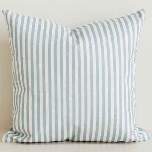 Sage green and white striped cushion cover, cotton-linen fabric.