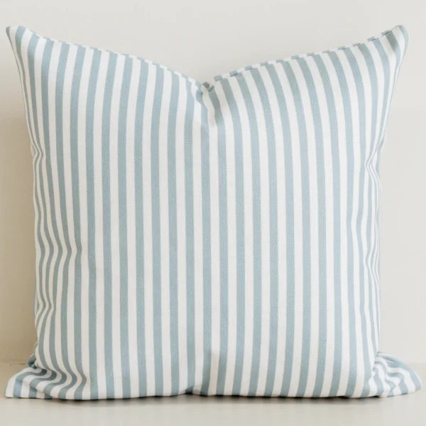 Sage green and white striped cushion cover, cotton-linen fabric.